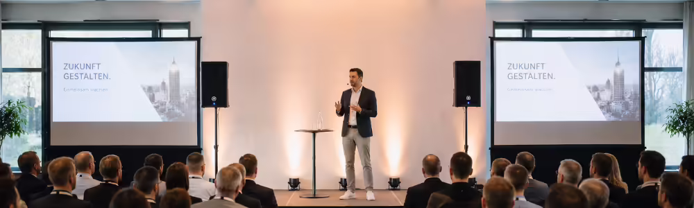 Technik für Firmenveranstaltung mit Bühne, Headsets und Präsentationstechnik